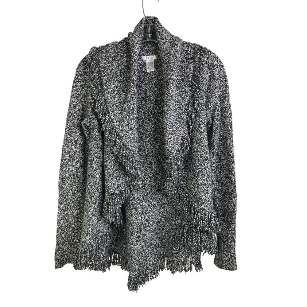 Cache Cardigan Womens Size XS Black / White Weave Fringe‎ Hem Long Sleeve Drapey